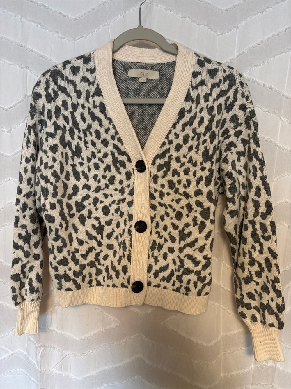 LOFT Cream and Gray Leopard Print V-Neck Cardigan